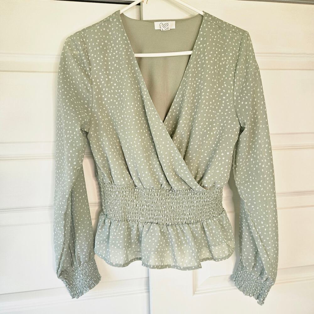 Japna Sage Green Smocked Peplum Blouse Dotted Wrap Top S